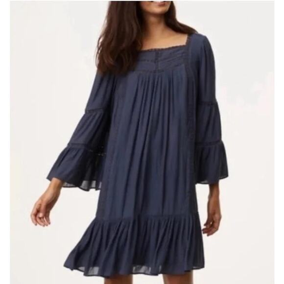 LOFT Peasant Dress Womens XS Dusty Blue Bell Sleeve Tiered Ruffled Mini Boho - Picture 1 of 8